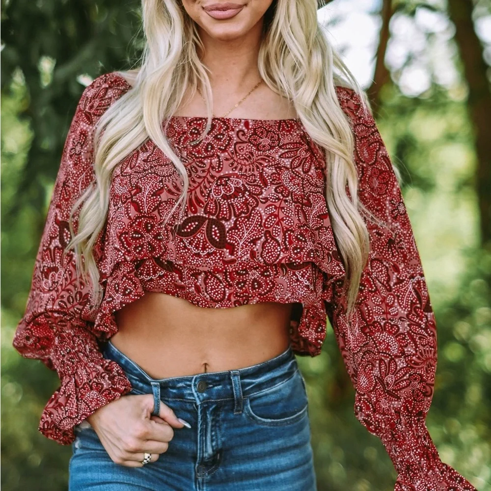 Square Neck Floral Bandana Crop Blouse Bohemian Top - Picture 7 of 15
